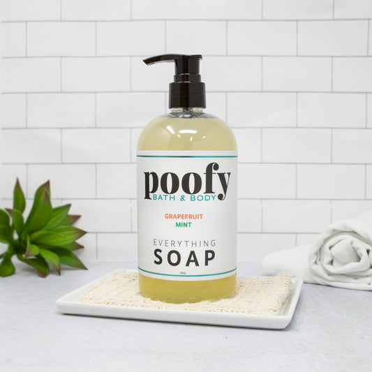 Soap bottle with pump, Poof Bath & Body grapefruit mint everything label