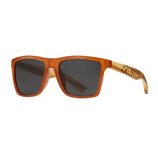 Polarized sunglasses with amber frame and dark lenses