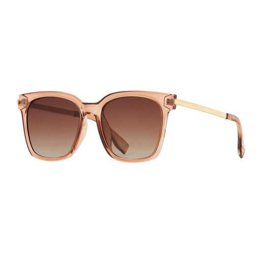 Polarized sunglasses with tan square frames and dark brown lenses, side arm visible