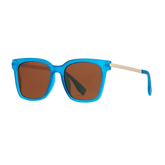 Blue square sunglasses with brown polarized lenses and slim metal temples