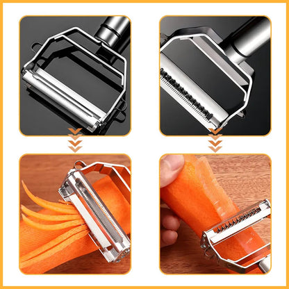 Stainless steel vegetable peeler with serrated roller blade and protective frame