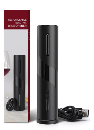 Rechargeable electric wine opener in black with USB cable and charging base