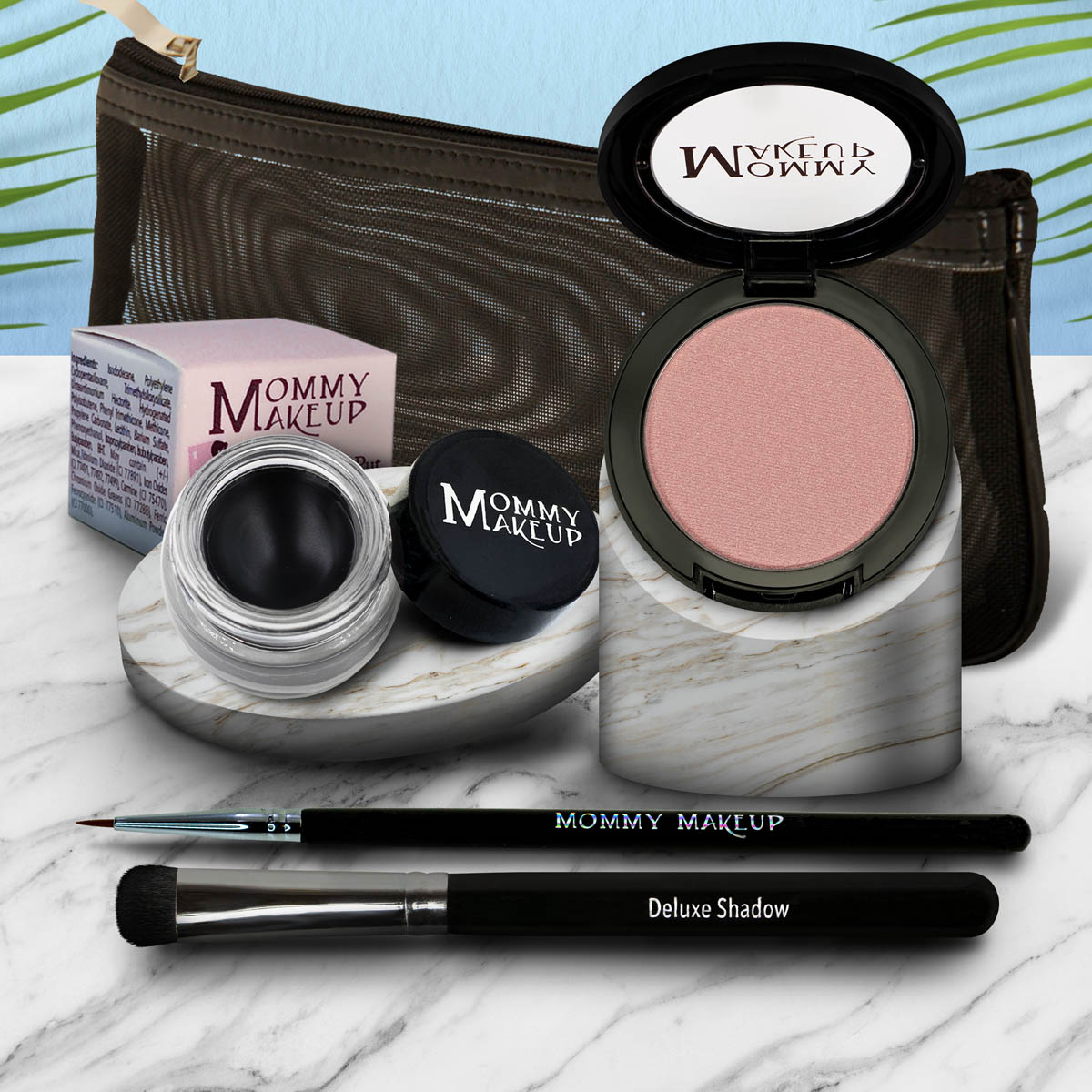 3-in-1 waterproof eye makeup set: pink compact, black gel pot, black eyeliner pencil