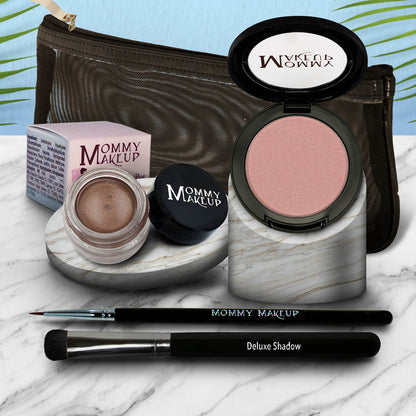 Eyelook set with pink eyeshadow pan and taupe-brown gel pot, plus brush and eyeliner pen.