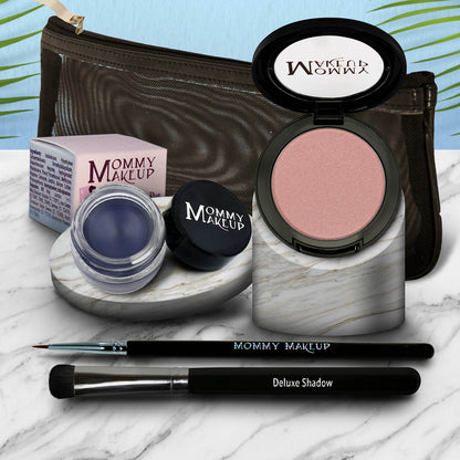 Eyelook set with pink eyeshadow pan and blue gel pot, plus brush and eyeliner pen.