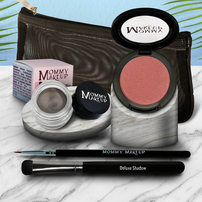 Waterproof eyeliner and eyeshadow set with rose compact and gray gel pot.