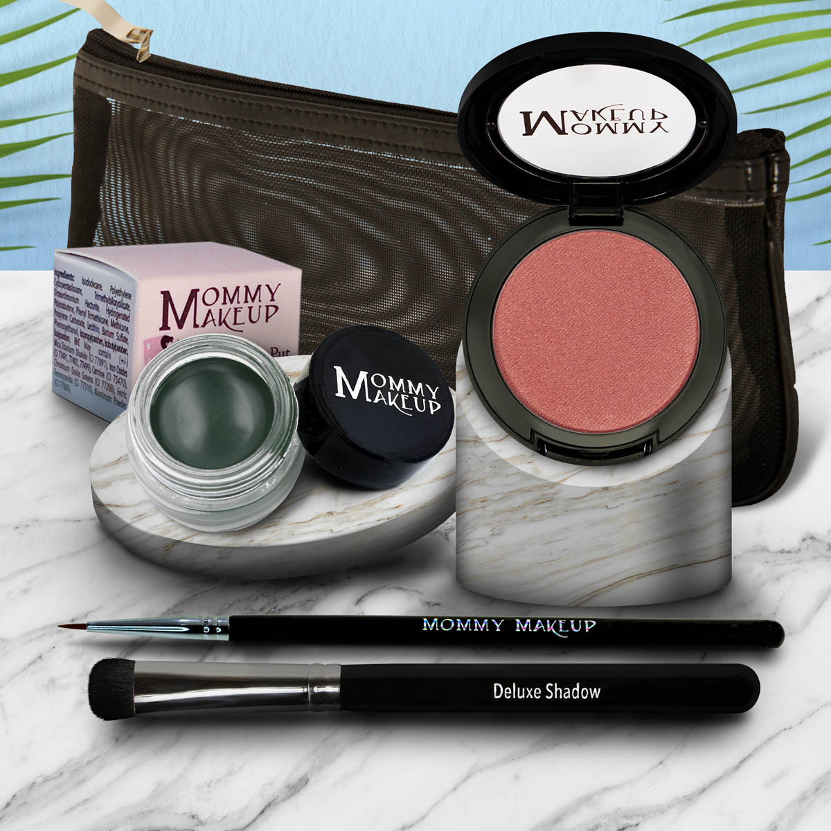 Waterproof eyeliner and eyeshadow set with rose-pink compact and green gel pot.