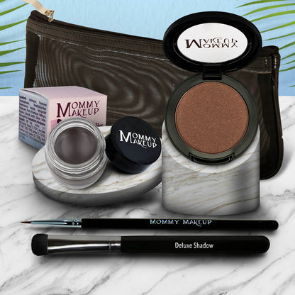 3-in-1 waterproof eye makeup set with copper-brown compact, taupe gel pot, and black eyeliner pencil