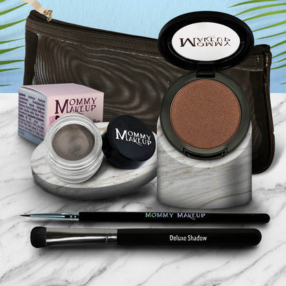 3-in-1 waterproof eye makeup set with warm taupe compact, dark grey gel pot, and black eyeliner pencil