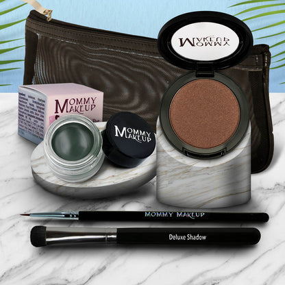 Eye makeup set with bronze shimmer eyeshadow pan, dark brush, and green gel pot