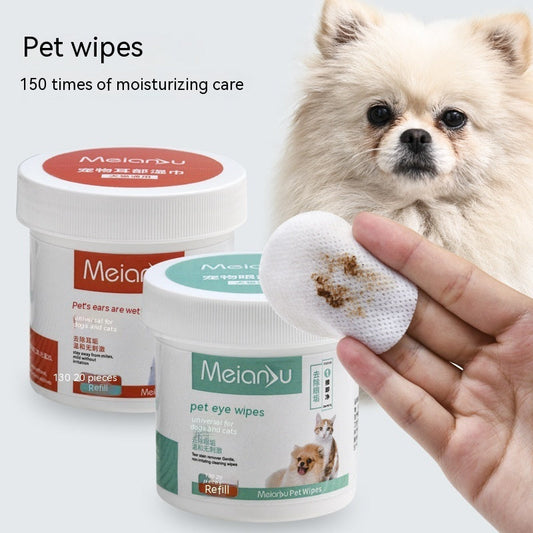 Pet cleaning wipes containers with a round wipe held by a hand