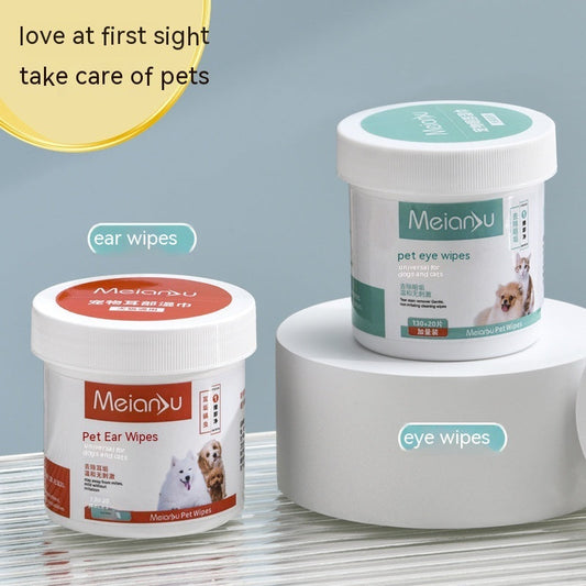 Pet eye and ear cleaning wipes containers on a pedestal