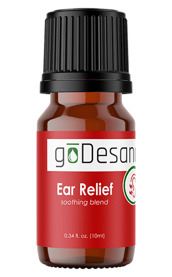 Amber essential oil bottle with black cap labeled Ear Relief.