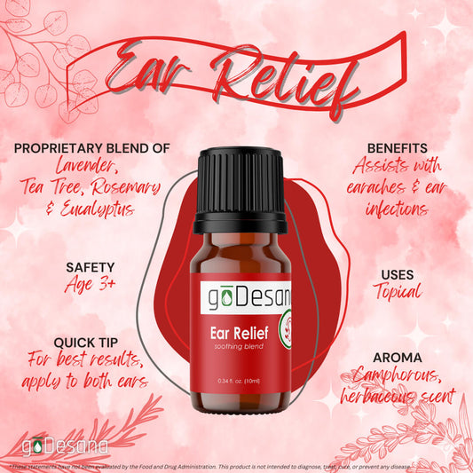 Amber essential oil bottle with black cap on Ear Relief label.