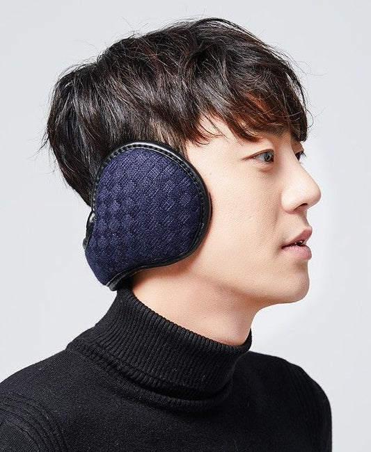 Navy fabric ear warmers with cushioned cover and contoured shape