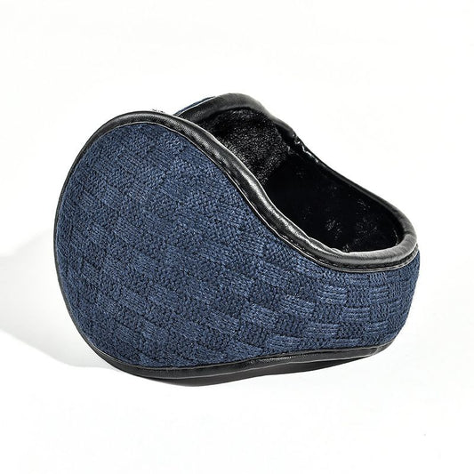Navy knit ear warmers with black inner lining and rounded ear cup
