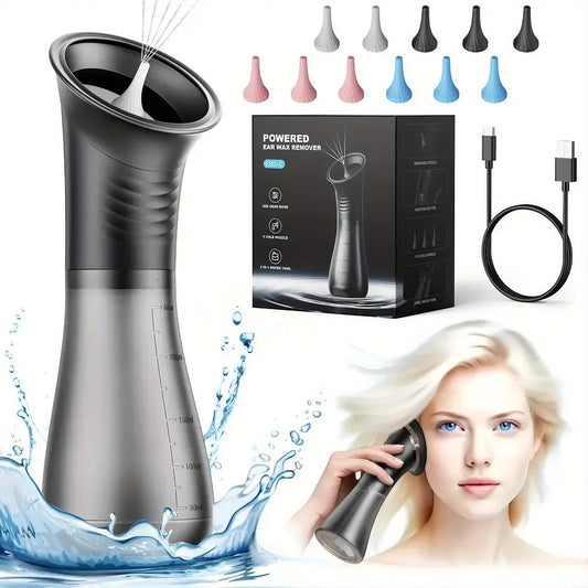 Ear wax water flusher in black with visible nozzle cup and handle grip