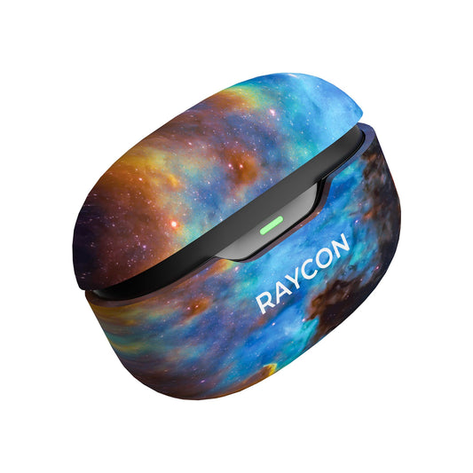Earbud charging case with galaxy design, black edge, RAYCON logo, green light