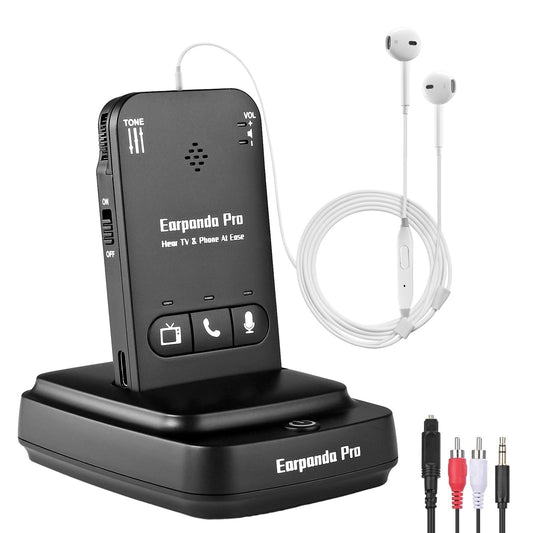 Wireless TV headphones charging dock with control panel and two earbuds, black