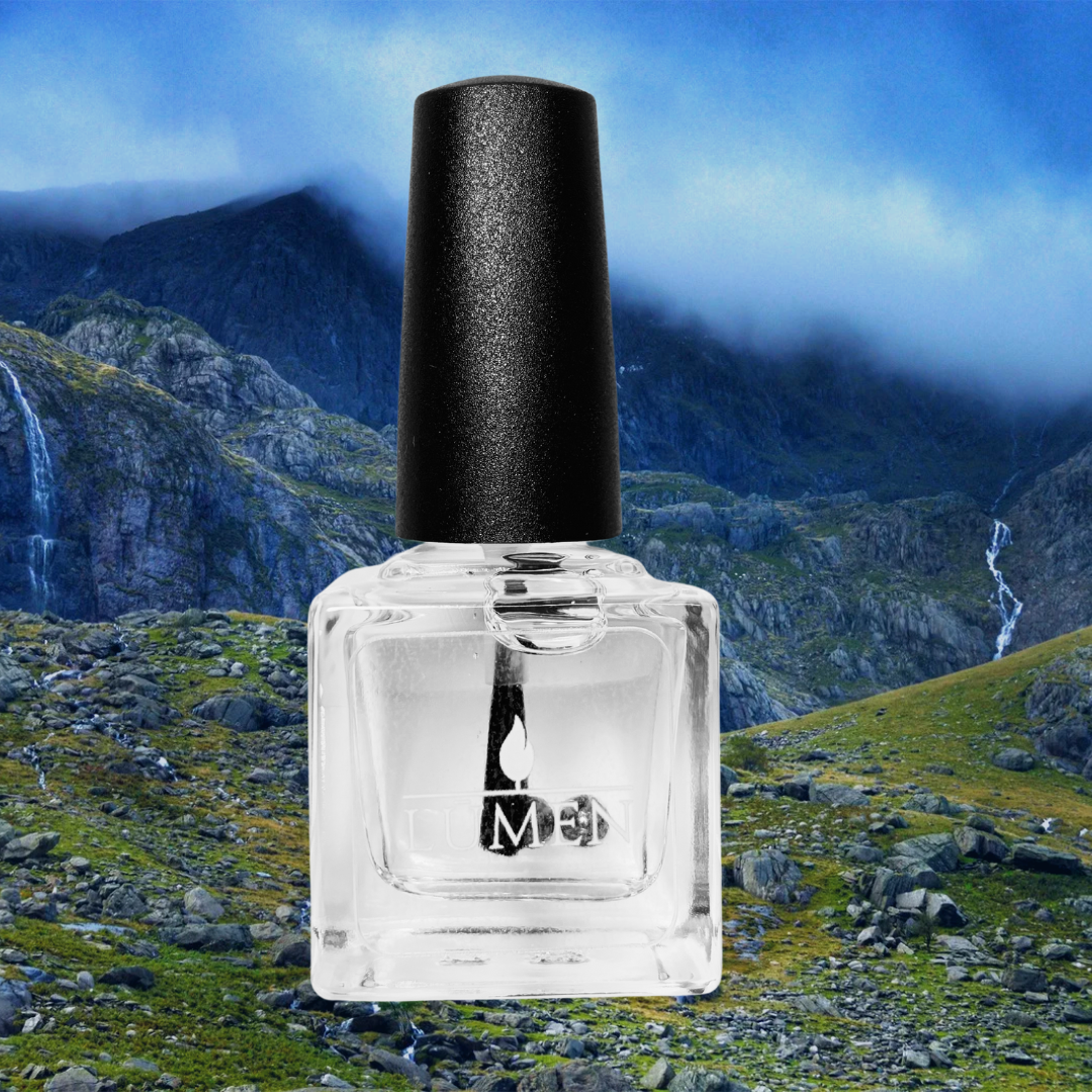 Clear scented top coat bottle with black cap, square glass design
