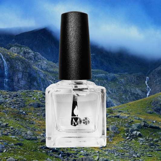 Clear scented top coat bottle with black cap, square glass design