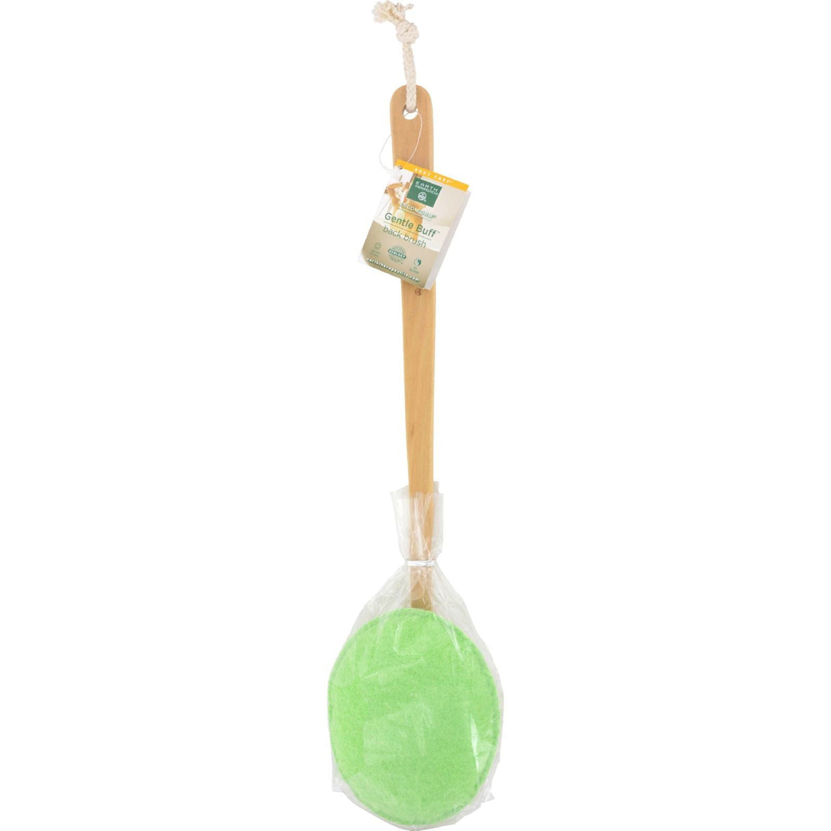 Gentle buff back brush with wooden handle and round green back-scrub pad