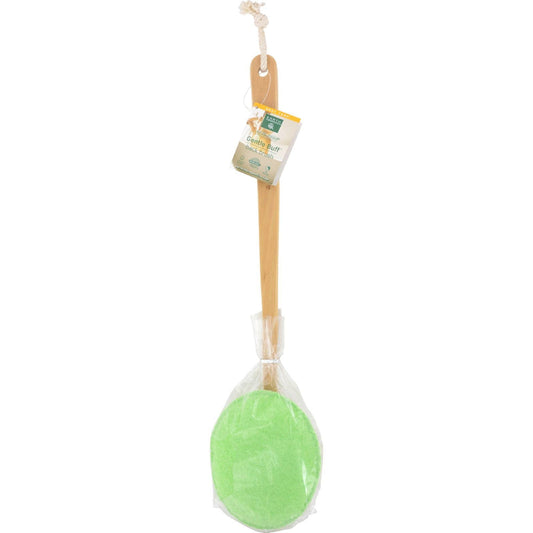 Gentle buff back brush with wooden handle and round green back-scrub pad