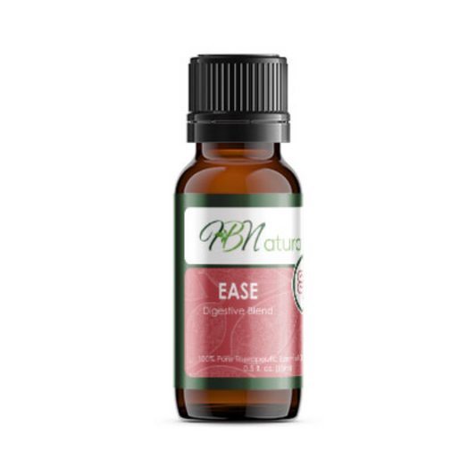 Amber essential oil blend bottle with black ribbed cap, labeled EASE digestive blend