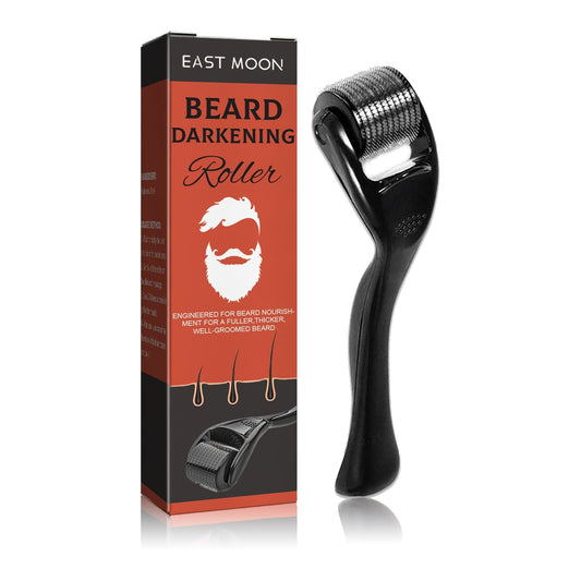 Beard darkening roller with black handle and silver textured cylinder; East Moon box