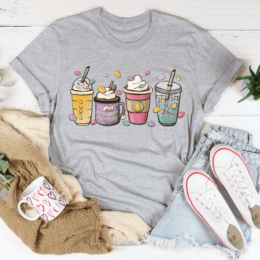Heather gray crew-neck T-shirt with Easter bunny coffee graphic on chest