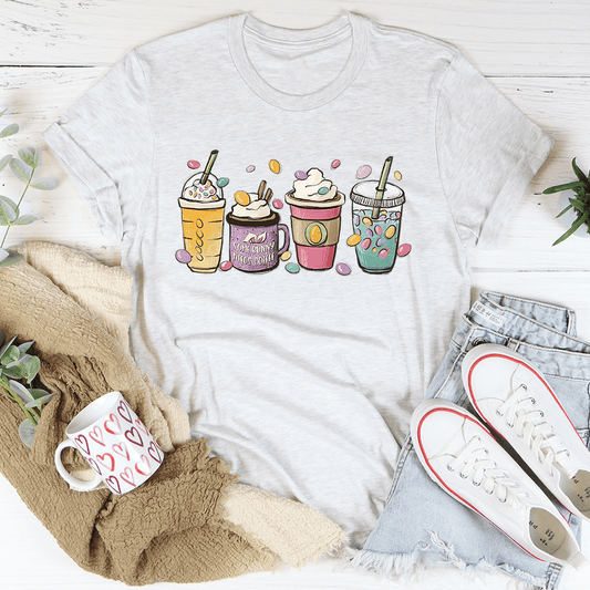 Light heather gray crew-neck T-shirt with Easter bunny coffee graphic, short sleeves