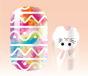 Easter eggs and bunny nail art: rainbow chevron egg nail with white bunny face nail