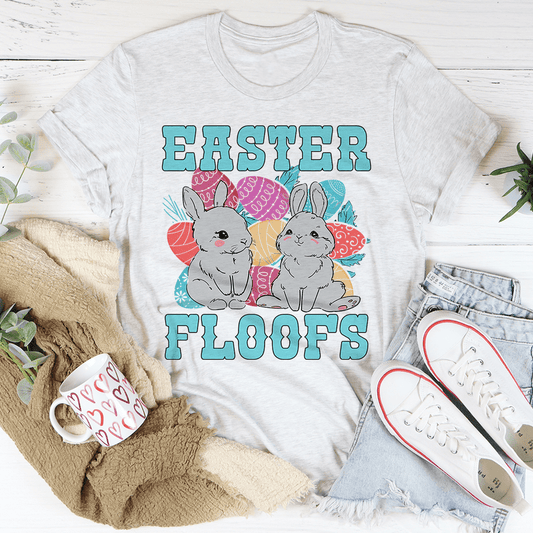 Light gray T-shirt with bunny 'EASTER FLOOFS' graphic