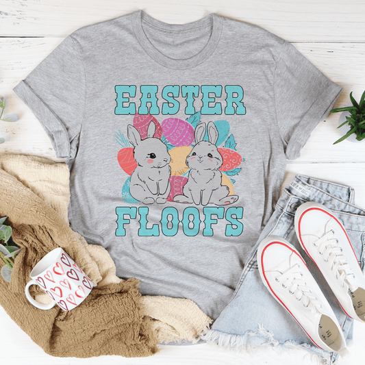 Heather gray T-shirt with bunny 'EASTER FLOOFS' graphic