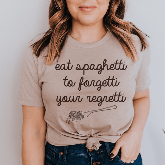 Light mauve T-shirt with spaghetti slogan graphic at center, crew neck, short sleeves