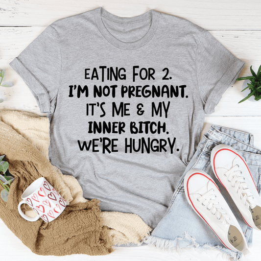 Grey crewneck T-shirt with “EATING FOR 2” graphic text