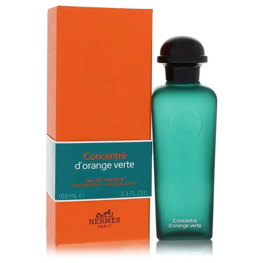 Hermes Concentré d'orange verte eau de toilette: green bottle and orange gift box, 100 mL.