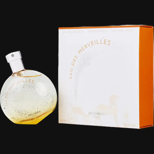 Women’s perfume bottle with spray and 50 mL box, clear glass with orange cap
