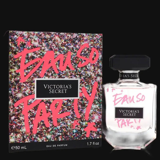 Women’s Eau So Party perfume set, clear bottle and colorful box with pink lettering