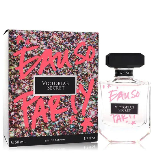 Women’s perfume set, clear bottle and box with pink 'Eau So Party' text