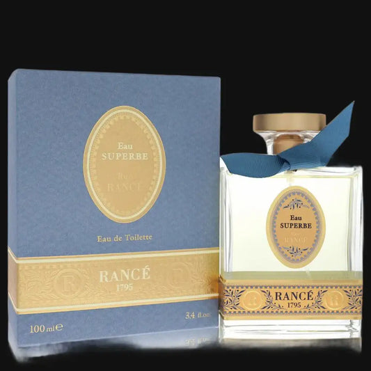 Women’s eau de toilette perfume bottle with gold label and blue ribbon, boxed set
