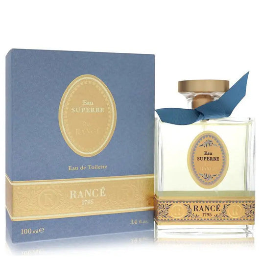 Women’s eau de toilette fragrance set with glass bottle, gold label, blue ribbon, box