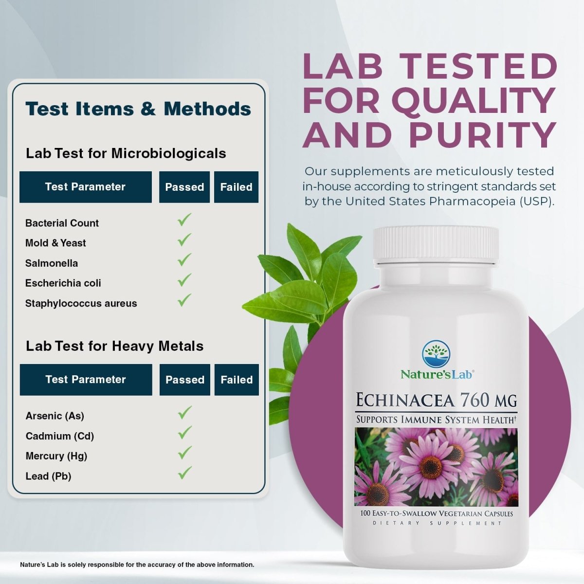 Echinacea 760 mg supplement bottle with purple flower label and white cap