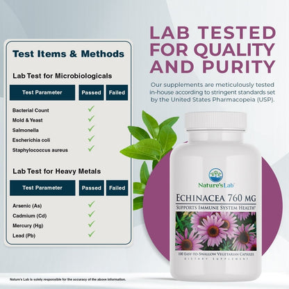 Echinacea 760 mg supplement bottle with purple flower label and white cap