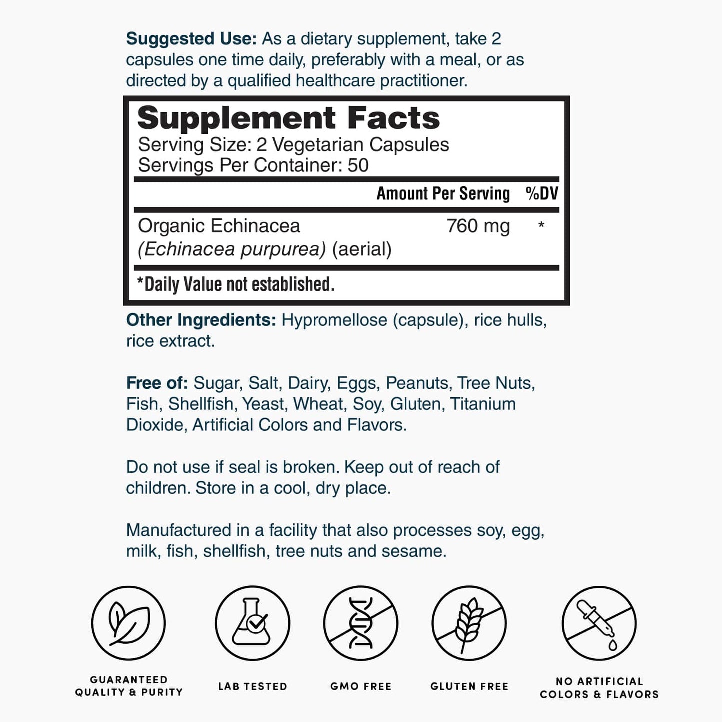 Supplement Facts panel for Echinacea 760 mg with serving size and ingredients