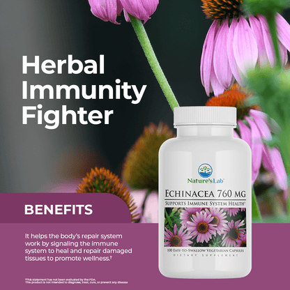 Echinacea 760 mg vegetarian capsule bottle with ribbed cap and purple flower label