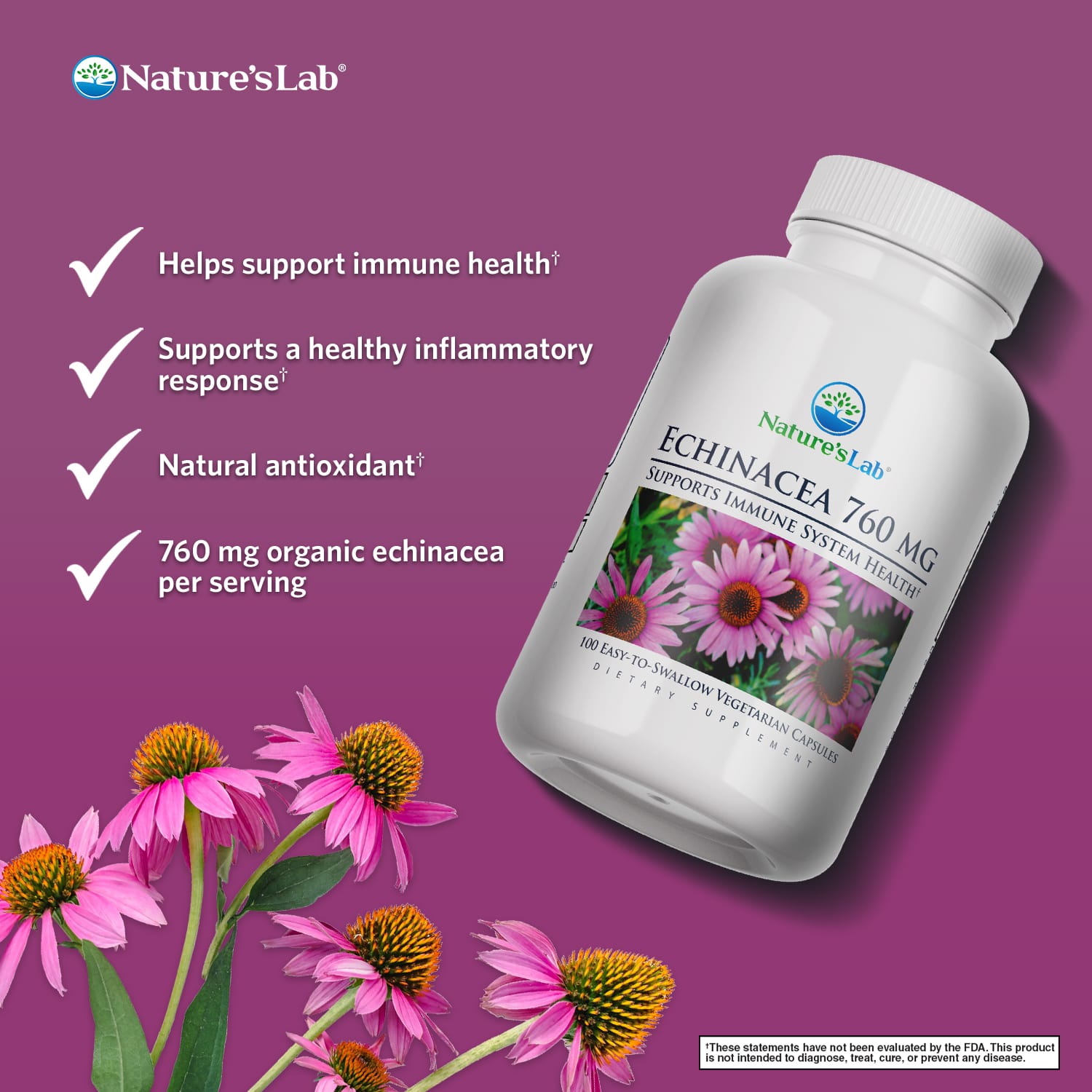 Echinacea 760 mg vegetarian capsule bottle with purple echinacea flower label
