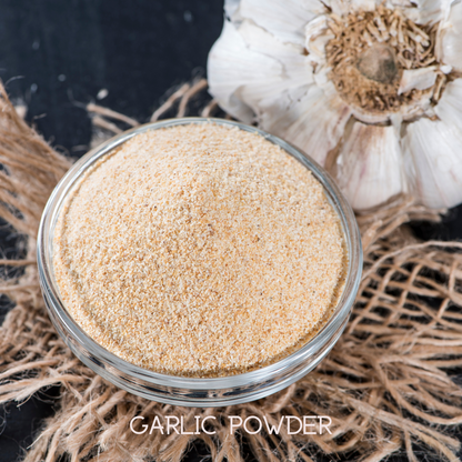 Immune support supplement, garlic powder in glass jar