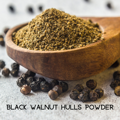 Colon Cleanse supplement ingredient: black walnut hulls powder in wooden bowl