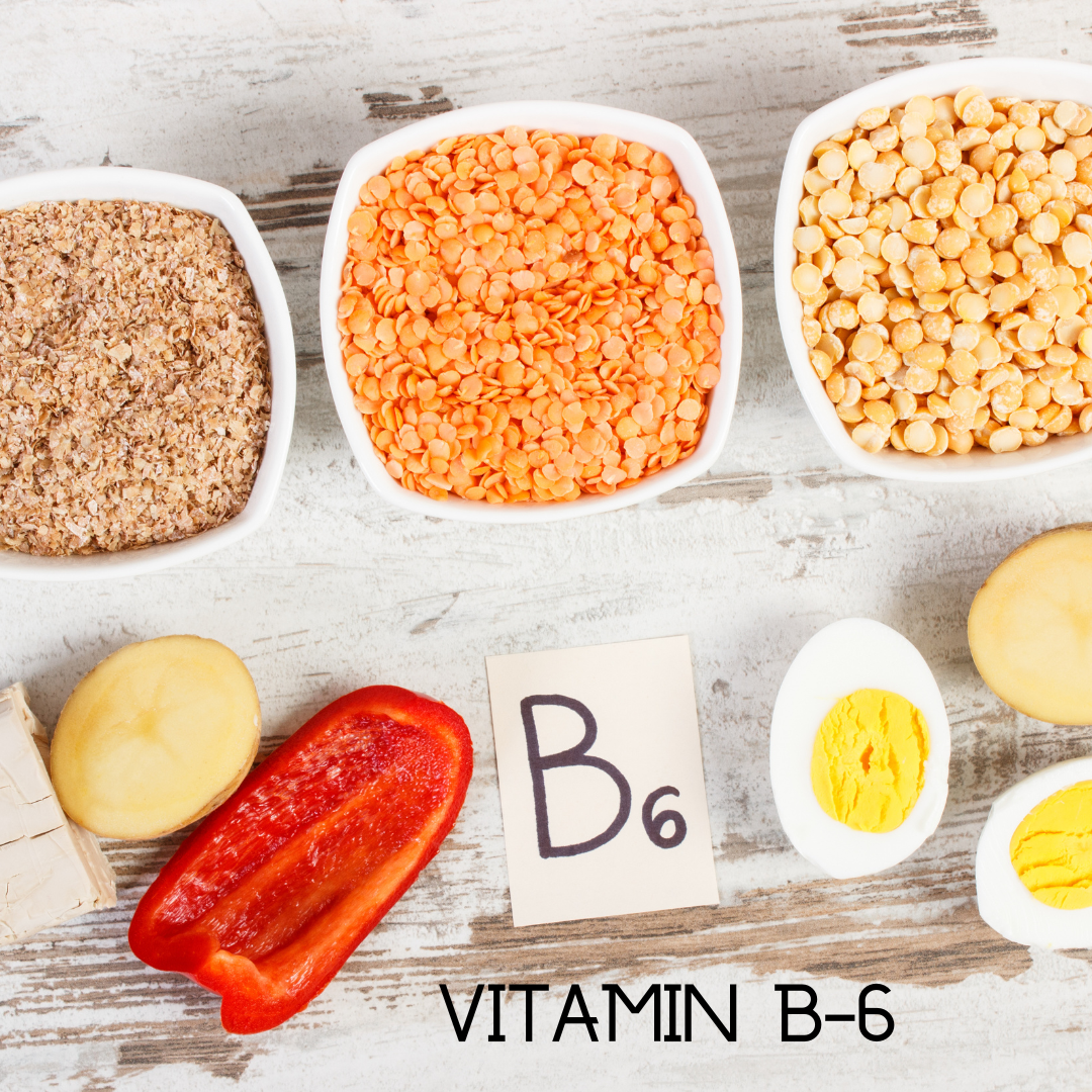 Vitamin B-6 ingredient flat lay with pellets and “Vitamin B-6” text